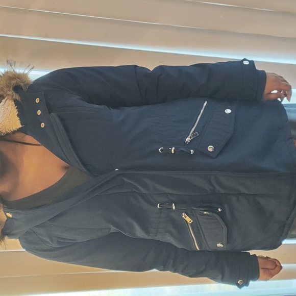 Hooded Women's Navy Parka with Faux Fur Trim - Picture 2 of 12